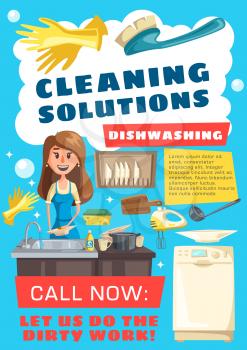 Cleaning service vector design of house cleaning works, laundry and washing dishes. Woman dishwasher cleaning cooking utensils, plates and cups with dishwashing machine, sponge and soap