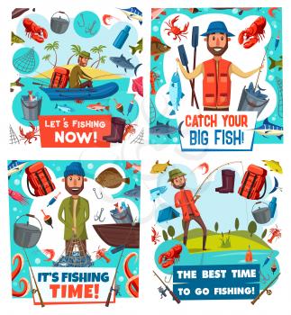 Fishing sport vector posters of fishermen, fish catch and equipment. Fishers with fishing rods, boats and nets, hooks, baits and tackle, sea marlin, river salmon and tune, lake carp, trout and seafood