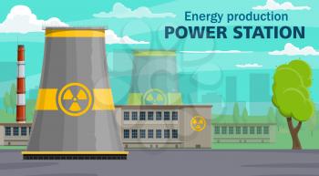Nuclear power plant, energy production. Vector energy reactor building with radiation sign, industrial factory. Turbines, air pollution generators, industrial toxic pipelines, tree and sky