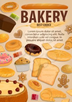 Bakery pastry food, baked desserts and sweets. Vector bread and pie cake, baguette and pita, bun and cupcake. Donut and gingerbread cookie, bagel and toast, croissant and marmalade, candy and cracker