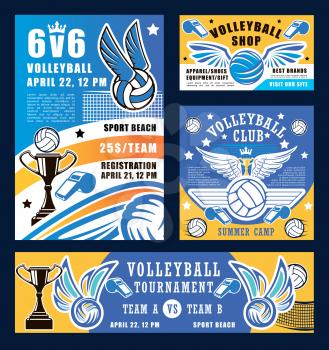Volleyball sport, ball and whistle. Vector sport competition at school, trophy cup and net, ball with wings. Sporting items and crown, team match, prize or award