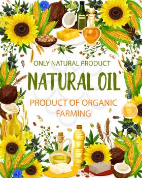 Natural oil and cooking condiments, vegetables and nuts. Vector sunflower and olive, coconut and hemp, corn and wheat. Butter and margarine, peanut and pistachio extra virgin oil in bottle and jug