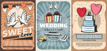 Marriage or wedding ceremony invitation with dove, gifts and cake. Vector pigeons and heart-shaped balloons, present boxes with bow and limousine. Bride stilettos shoes and gold rings