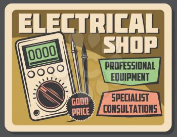 Electrical shop retro vector poster, voltmeter device of voltage measurement. Electricity and wiring store, electric tools and appliance, professional equipment and specialist consultation