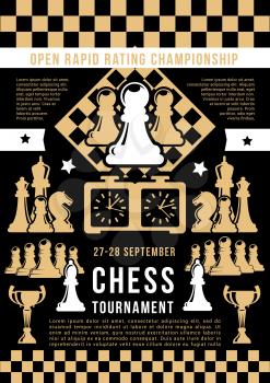 Chess tournament announcement, open game. Vector chess pieces king, queen or rook with knight, bishop, clock and pawn on chessboard. Sport game championship