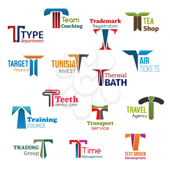Corporate identity letter T business icons. Vector typography and coaching, registration, drink and finance, health, transportation and dentistry. Education and transport, travel and trade, management