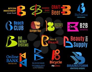 Business identity icons, letter B. Vector digital money industry and gardening, brewery and travel agency, fast food bar and science. Consulting and ecology, beauty store and banking, transport