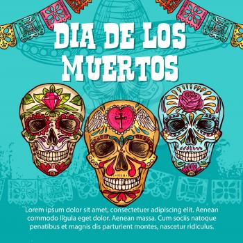 Dia de los Muertos Mexican traditional holiday sketch calavera skulls with floral pattern ornament. Vector Dia de Muertos or Day of Dead traditional celebration symbol skull in sombrero