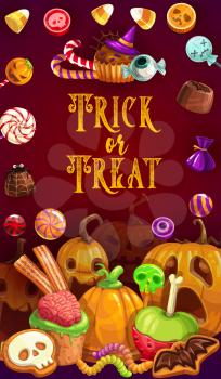 Trick or treat, Halloween party confectionery food. Vector sweets, candy pumpkins and lollipops, jelly worms, skulls. Cookies in shape of bat and skeleton, cakes with bones, horrible chocolate snacks