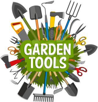 Gardening, planting and agriculture tools, equipment. Shovel, rake and trowel, scissors, spade and axe, saw, fork and sickle round badge, pruner, decorated with spring plant and green grass