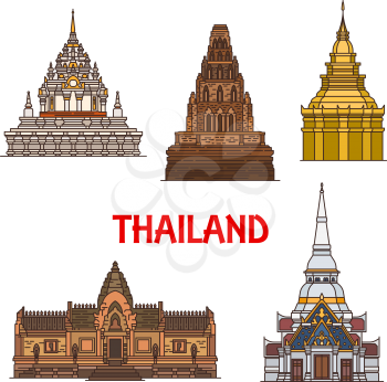 Travel landmarks of ancient Thailand architecture, vector icons. Thai golden Pagoda, Khao Takiab, Cham Dhevi, Prasat Hin Phanom Rung and Phra Borommathat Temples