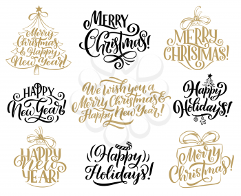 Merry Christmas and Happy New Year hand drawn lettering. Winter holiday greeting wishes calligraphy, decorated with Christmas tree, Xmas gift and ball. Greeting card and label embellishment