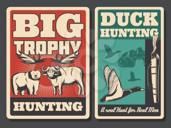 Wild animal and bird hunting sport retro posters. Ducks, bear and buffalo, hunter rifle, antlers and binoculars ammunition. Hunting open season and huntsman competition or community theme