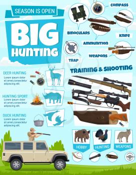 Vector duck bird and deer animal, hunter gun and cartridge belt, shotgun and rifle, ammunition, weapons and knife, compass, binoculars and trap. Hunting sport club, training and shooting course