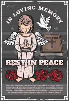 Funeral service agency vintage grunge poster. Vector angel with prayer hands, doves and mortuary and burial ceremony roses flowers bunch wreath, bible Rest in Peace or RIP text