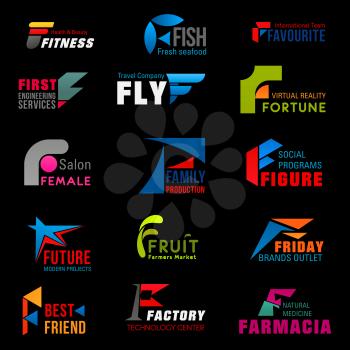 Letter F corporate identity, business company and industry icons. Vector F symbols of fitness gym club, virtual reality technology or fashion salon, social program and engineering service or pharmacy