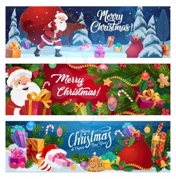 Merry Christmas and Happy New Year winter holiday wish banners. Vector Xmas tree decorations, Santa with gifts bag, forest with falling snowflakes and gingerbread cookies
