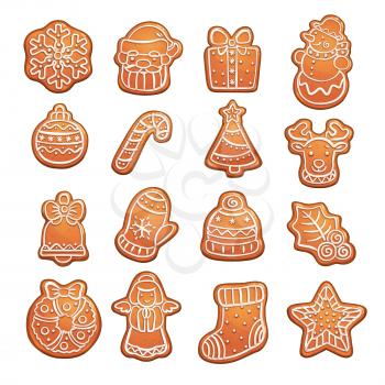 Christmas vector cookies, gingerbread dough, pastry food. Snowflake and Santa Claus, gift and snowman, ball and cane candy, Xmas tree and deer. Bell and mitten, hat and holly, wreath and angel, sock