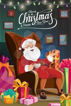 Merry Christmas, Santa on winter holidays sitting in chair at house and drink tea. Vector Christmas and Happy New Year wish, Xmas tree lights, gifts with ribbons and bows in Santa bag