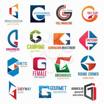 Corporate identity letter G business icons. Vector gaming and energy, weapon, sport and entertainment, travel, finance and fashion. Software and community, supply and shopping, gastronomy and safety