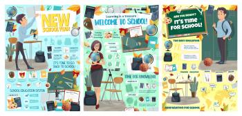 Welcome back to school year posters for education season in September autumn. Vector design of teacher woman with student boy and knowledge learn stationery and books for infographic