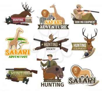 Hunting club badges, African safari hunt adventure and trophy animals icons. Vector hunter with rifle gun and traps, savanna lion or zebra and giraffe, forest wild deer and elk