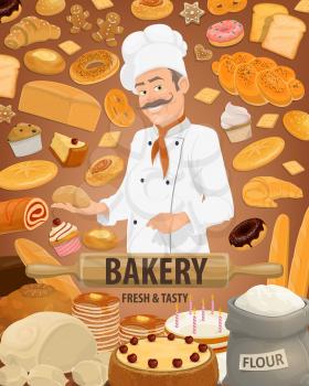 Bakery products, pastries, vector baker. Bread, cake and croissant, sweets and baguette, bagel, cookie and cupcake, muffin and macaroon, pie and pudding, bun and donut, flour bag, dough and rolling pin