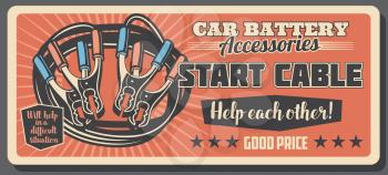 Car maintenance service retro poster, star cable and battery. Vehicle repair work and transport maintenance. Internal and external parts, electrical appliance. Vector design