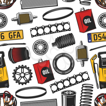 Vehicle service seamless pattern, car spare parts and fuel canister, oli filter and spring, vacuum cleaner, engine details and numbers. Vehicle and transportation items, endless texture