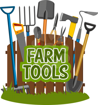 Gardening tools shop, agriculture or horticulture equipment near fence. Spade and forks, ax and shovel, hand saw and scissors, rake and hoe, pruners and trowel. Agriculture industry