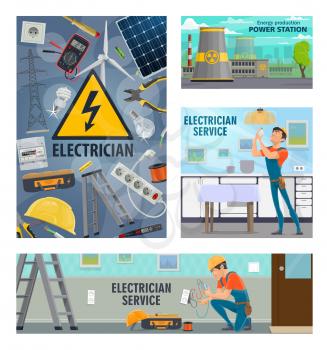 electric power and energy, electrician repair service. Vector electricity tools, voltage tester, electrician man with lamp bulb or electric socket, power station and solar battery and voltmeter