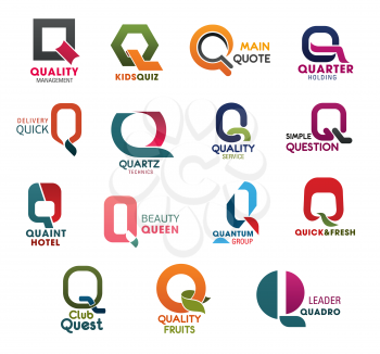 Letter Q icons for business company, technology and industry corporation. Vector Q symbols for quality, quiz or quote and quarter with question or queen and quantum for studio or agency design