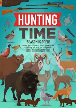 Hunt open season poster of wild animals and forest birds for African safari adventure. Vector design of hunter rifle gun for buffalo, mountain sheep or gazelle and grouse with ermine and mink