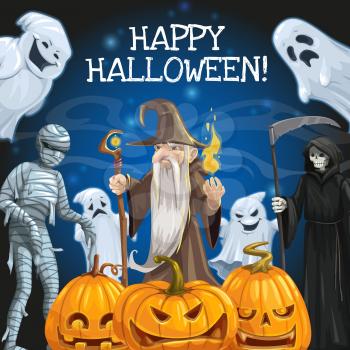 Halloween horror night trick or treat party vector greeting card. Spooky pumpkins, ghosts, mummy and death skeleton with scary skull and scythe, evil wizard with black magic wand and fireball