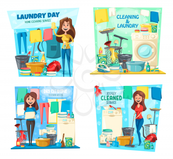Clean and laundry vector design of house cleaning service. Cartoon woman, mother and wife, vacuum, mop and broom, bucket and washing machine, housekeeping and household chores themes
