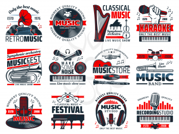 Music vector icons of musical instruments, microphone, sound recording studio equipment. Vinyl records player, guitar and piano, drum, violin and headphones, synthesizer and notes. Karaoke, live music