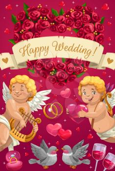 Happy Wedding, marriage party greeting calligraphy and cupid angels with hearts and flowers. Vector pink poster with wedding rings, dove birds in love and roses flowers hear wreath