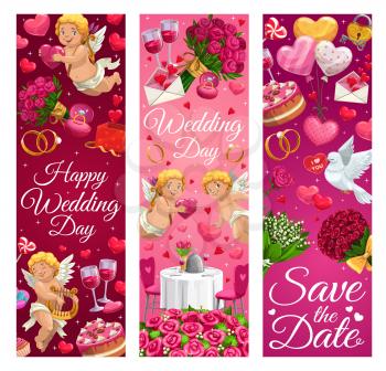 Happy wedding day, save the date greetings and romantic signs. Vector cupid playing on harp, engagement rings and dining table, flower bouquets and gifts. Heart shaped air balloons and padlock