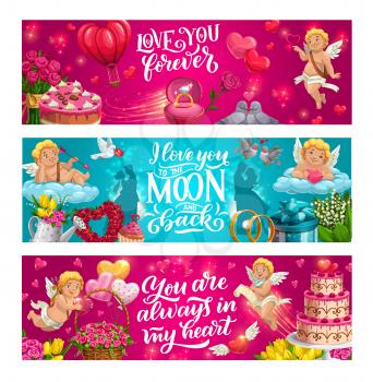 Save the date greetings, love you to moon and back, forever in my heart. Vector wedding day symbols, bride and groom, cupids and doves. Engagement rings, holiday cakes and flower bouquets, gifts