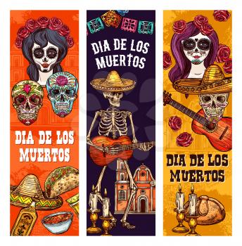 Dia de los Muertos Mexican holiday, Day of Dead fiesta sketch banners. Vector Dia de Muertos traditional celebration symbols of face tattoo calavera skull, skeleton play guitar, tequila and sombrero