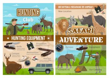 Hunting sport club and safari adventure with vector hunter equipment and wild animals. Huntsman, gun and rifle, bear, deer and lion, elephant, rhino and boar, knife, compass, binoculars and ammunition