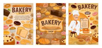 Bakery and pastry shop vector menu with baker, bread and baked dessert. Cakes, baguettes and croissants, buns, donuts and toasts, cupcakes, sweet rolls and bagels, cookie, pies and gingerbread