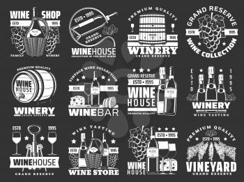 Wine bottle and winery barrel vector icons. Alcohol drinks of grape fruit, wine glasses, champagne and corkscrew, vineyard with grape vines, cheese and bread snack food. Winehouse emblems design