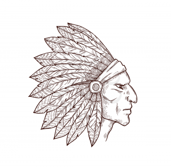 Indian from Wild West, native American people. Vector chief of tribe in traditional headdress, mascot of ancient indian people. Indigenous person, sketch
