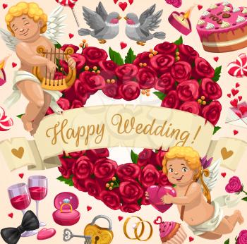 Wedding day invitation calligraphy on scroll ribbon, marriage ceremony party. Vector cupid angels with golden wedding ring, roses flowers and kissing birds, chocolate hearts on cakes and candies