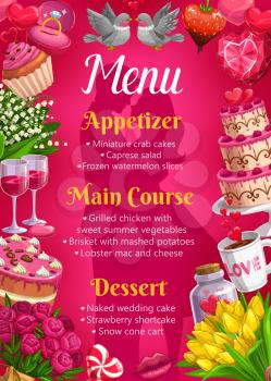 Wedding day menu template, bride and groom silhouettes and frame of marriage symbols. Vector couple of doves, strawberry in chocolate, cake. Appetizers and main courses, desserts and flower bouquets