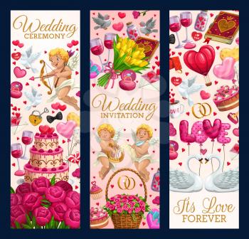 Wedding day party and marriage ceremony invitation banners. Vector cupid angels with golden arrows, heart balloons and wedding rings, flowers and kissing swans, doves with love message and cake