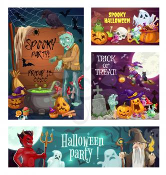 Halloween holiday spooky night party vector invitations with horror monsters and trick or treat candies. Ghosts, bats and spiders, witch, scary pumpkins, skulls, zombie and evil wizard on cemetery