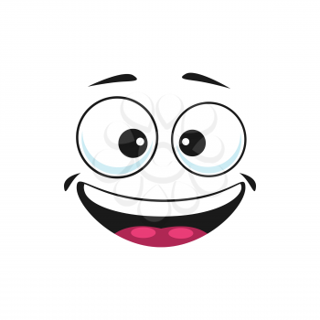 Emoticon in good mood isolated happy smiley emoji. Vector satisfied emoji, support center bot avatar with broad smile. Emoji sticker, person chatbot in good mood. Laughing head, world smile day symbol