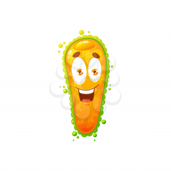 Cartoon virus cell vector icon, cute bacteria or germ character with funny face. Smiling pathogen microbe monster with big eyes and teeth, isolated yellow infusoria slipper